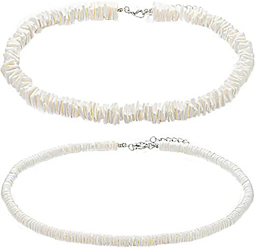 UMODE White Puka Shell Necklace for Women Men, 2Pcs Handmade Natural Seashell Necklaces Set, Hawaiian Beach Summer Boho Surfer Necklace Jewelry, Beaded Pooka Puca Choker Gift for Teen Girls Boys
