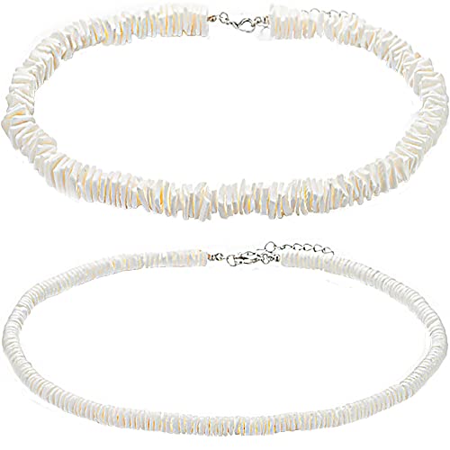Umode White Puka Shell Necklace For Women Men, 2Pcs Handmade Natural Seashell Necklaces Set, Hawaiian Beach Summer Boho Surfer Necklace Jewelry, Beaded Pooka Puca Choker Gift For Teen Girls Boys #TOP2
