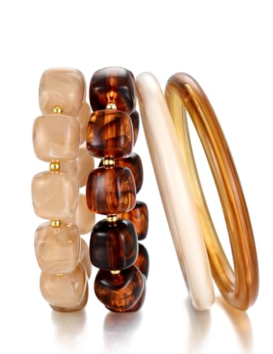 FAXHION Stackable Stretch Beaded Bracelet Set for women, Tan - image 1