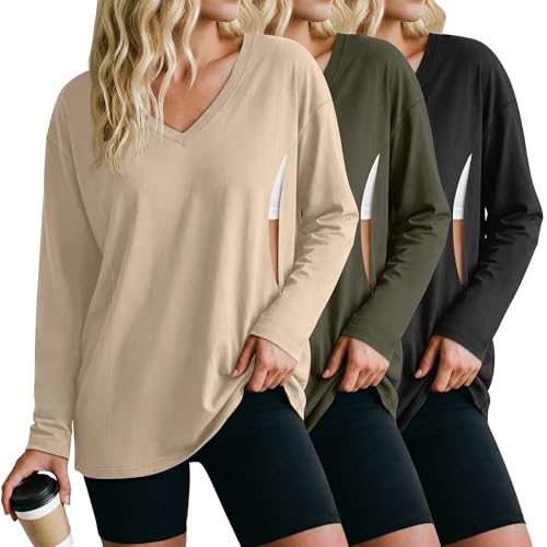 Image of Sweetyweee 3 Pack Women's Oversize Nursing Shirts for Breastfeeding with Hidden Zippers Loose Fit Long Sleeve Maternity Tops