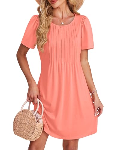 Image of SAMPEEL Womens Pleated Front Summer Dresses Casual Short Sleeve T Shirts Dress with Pockets Vacation Beach Cover UP