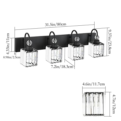 Image of Ralbay Matte Black Crystal Vanity Light 4 Light Modern Crystal Bathroom Lighting Fixtures Over Mirror, Crystal Black Bathroom Vanity Light