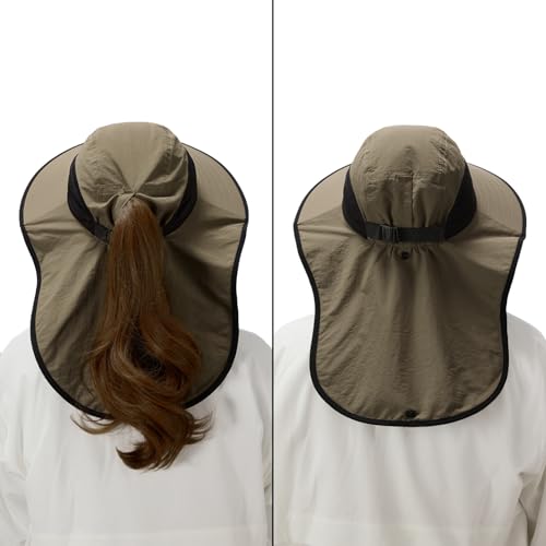 Image of BASSDASH UPF 50+ Unisex Water Resistant Wide Brim Sun Hat with Large Neck Flap Ponytail Fishing Hat for Men Women