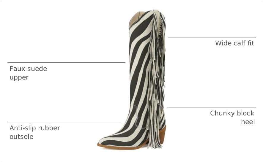Image of KiutSymo Cowgirl Fringe Boots for Women Knee High Cowboy Boots | Fringe Cowboy Boots for Women, Pointed Toe Tassels Chunky Heel Western Cowgirl Boots, Country Music Festivals Wedding Party