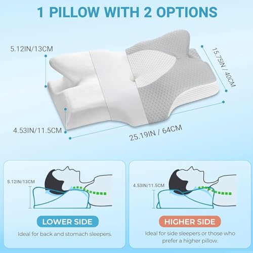 Elviros Cervical Memory Foam Pillow for Neck Pain Orthopedic Neck Pillow for Shoulder Pain Ergonomic Head Neck Support Pillow for Side/Back/Stomach Sleepers with Removable Cover (White)