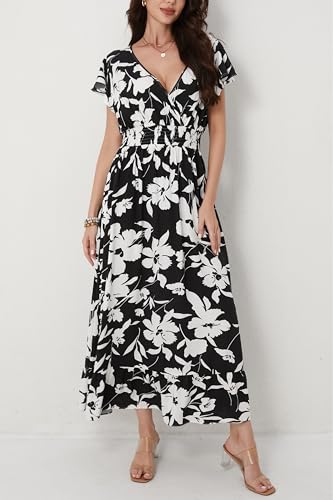 Image of Women's Black Floral Maxi Dress Casual Sleeveless V-Neck Vacation Beach Summer Dress for Women