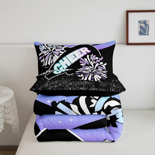 Image of Feelyou Blue Purple Cheer Comforter Set Dreamy Girly Gymnastic Sports Comforter for Kids Boys Girls Gymnastics Lovers Bedding Set Cheer Sports Duvet Set Room Decor Quilt King Size Boys