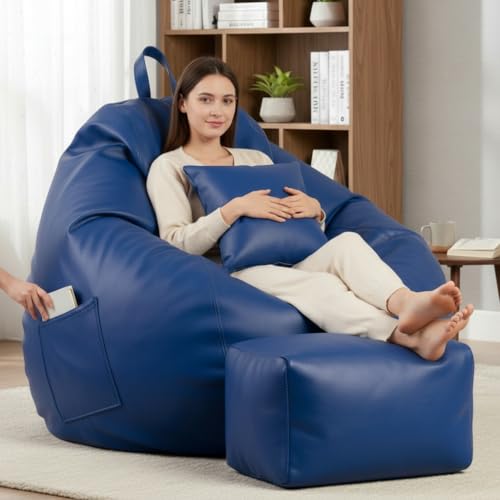 KAM'S LIEU 5XL Luxury Faux Leather Bean Bag with Footrest & Cushion | Pre-Filled High-Density Polystyrene Beans | Premium Leatherette | 6 Months Warranty Color- (Royal Blue, with Footrest)