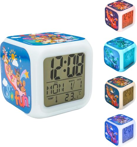 SRV Hub Réveil numérique Pat Patrouille, veilleuse alarme puissante, affichage de la température et de la date, horloge de voyage de chevet à changement de couleur