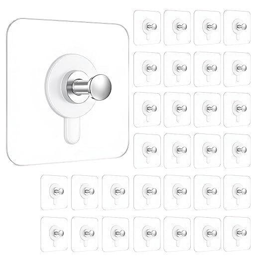 Image of Eightiz 30 Pack Heavy Duty Self-Adhesive Screw Hooks as Strong Wall Hanging Solutions Without Drilling for Kitchen and Bathroom Accessories (Screw Hook Hanger, Trasparent)