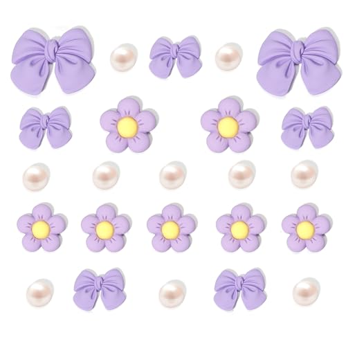 Arrebolli Resin Purple Bow Shoe Charms for Girls, 24Pcs Cute Flower Charms for Sandals, Pearl Accessories for Women, DIY Shoe Decoration Charms for Party Favor