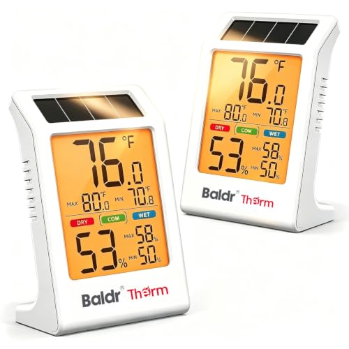 BALDR 2-Pack Indoor Thermometer Humidity Meter with Backlight Solar Powered