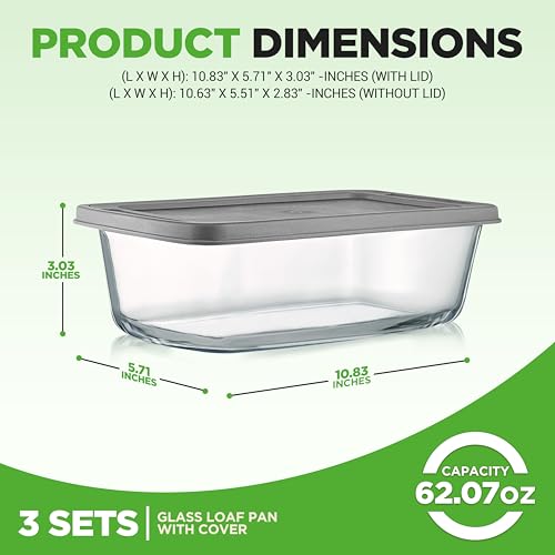 Image of NutriChef 3-Piece Glass Loaf Pan Set - 1.9 QT Premium Stackable Food Containers w /Airtight Locking Lid - Oven, Microwave, & Dishwasher Safe - 62oz Bread Pan Dish, Clear Glass (Pack of 4)