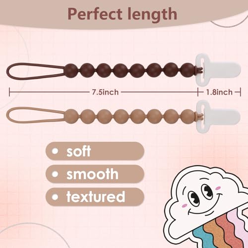 4-Pack Silicone Pacifier Clips with One-Piece Beads for Baby Boys and Girls - Flexible and Rust-Free Holders for Teething Relief and Baby Essentials, Safe for Newborns (Brown)