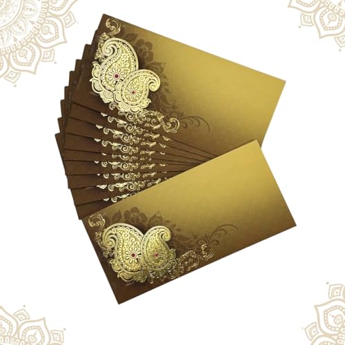 Image of Pack of 20, Golden Paisley Design Fancy Shagun Envelopes for Gifting Money Rectangle Shape Velvet Finish Paper Designer Sagan Lifafa Wedding Cash, 19 X 9 cm, Mustard Yellow Color