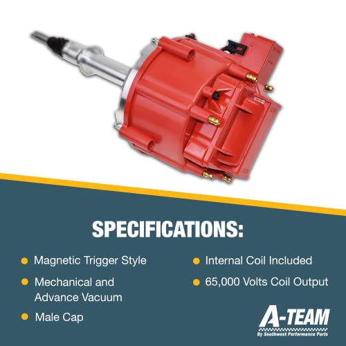 A-Team Performance - Hei Complete Distributor 65K Coil, 6 Cylinders - Compatible With Amc Incline 6 Jeep Straight 232, 242, 258 In One Wire Installation, Red Cap #TOP5