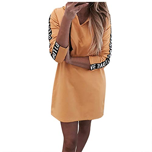 Preisvergleich Produktbild KIMODO Damen Hoodie Langarm Sweatkleid Sweatshirt Herbst Winter Lang Kapuzenpullover Kapuzenpulli Frauen Leopardenmuster Farbblock Patchwork Lose Knielang Sweatshirtkleid (C-Gelb, XX-Large)