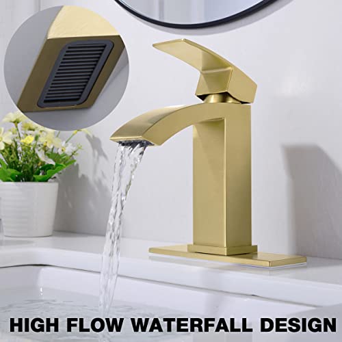 Trustmi Bathroom Faucet Square Shaped Brass Brushed Gold Vanity Sink Faucet Heavy Duty Single Handle Single Hole Waterfall Lavatory Faucet, 6" Deck Plate And Overflow Pop Up Drain Included #TOP2