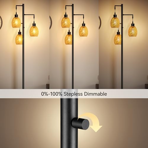 Image of SUNMORY Dimmable Floor Lamp, 68 Inch Tall Lamps for Living Room, Standing Lamp with 3 x 6w LED Bulbs, Tree Lamp, Farmhouse Industrial Floor Lamp for Bedroom, Office, Black & Rattan Shade