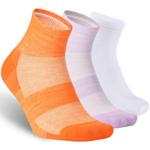 Image of 3 Pairs 90% Merino Wool Socks for Men Women Business Casual Wool Ankle Thin Hiking Running Athletic Support Breathable Cushioned Low Cut Sock - Purple Orange White Small