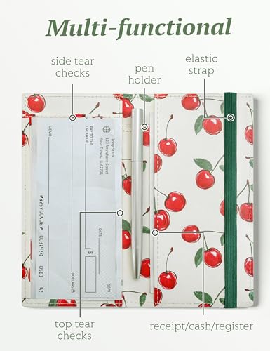 Image of Yarnic Checkbook Cover for Personal Checkbook, Checkbook Holder with Pen Holder & Built-in Clear Plastic Divider for Duplicate Checks (Cream Cherry)