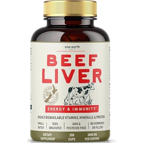 One Earth Health Beef Liver Capsules. 100% Grass Fed New Zealand Beef Liver. Pasture Raised. GMO and Filler Free. 200 Capsules (3,000mg Serving) Cover