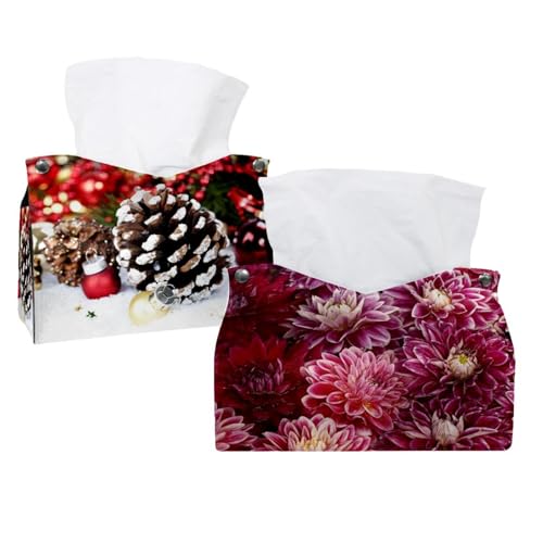 lcndlsoe Lot de 2 boîtes à mouchoirs rectangulaires en cuir avec fleurs de chrysanthème, organisateur décoratif pour table, salle de bain, voiture, bureau