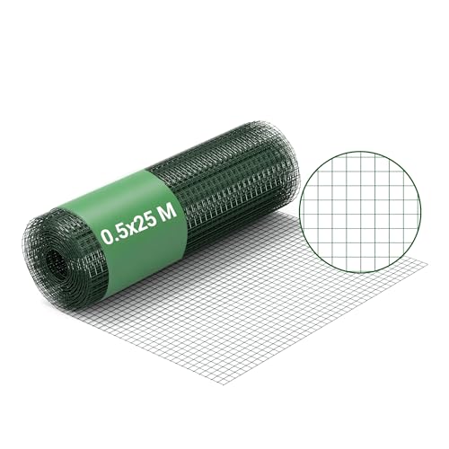 Wiltec Fil de grillage Vert à mailles carrées 12 x 12 mm - 25 m x 50 cm - en Acier galvanisé revêtus par PVC - Rouleau Clôture pour Volière Clapier Jardin...