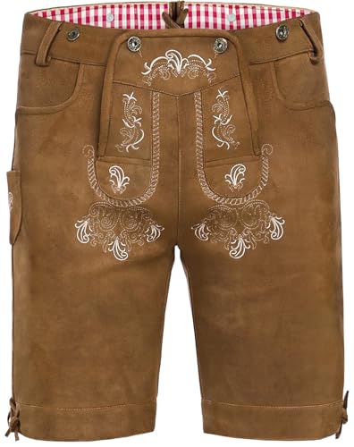 AMZHOTER Lederhose Herren Tracht Oktoberfest Trachtenhose Trachtenlederhosen Kurz Lederhosen Mann Braun bayrische Trachten Hose Trachtenmode mit Hosenträger Hellbraun 52