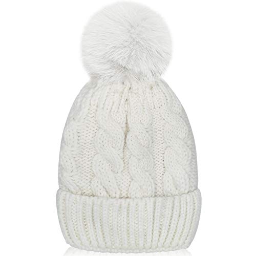 Whiteleopard Kid Beanie Hats Lining Pom Pom for Children -Slouchy Cable Knit Toddler Skull Hat Baby Ski Cap for Girls Boys