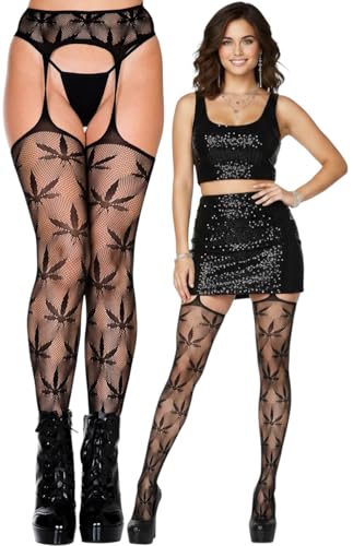 Image of ToBeInStyle Women's Thigh High Stockings Bodystocking Tights Medicinal Cannabis Marijuana Weed Leaf Print Festival Hosiery
