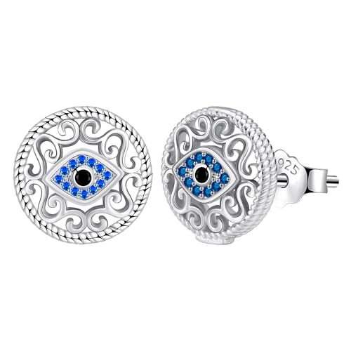 J.MUEN Pendientes de Mal de Ojo para Mujer de Plata de Ley 925, Pendientes de Tuerca de Mal de Ojo Azul, Joyería Hipoalergénica, Regalos para Mujer