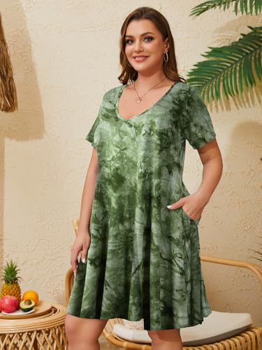 Image of ZENNILO Women's Plus Size Swing Dress with Pockets Casual Summer Dresses V Neck Short Sleeve T Shirt Dress for Women