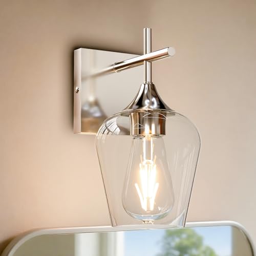 Image of Vanity Bathroom Light, 1-Light Bathroom Light Fixtures Over Mirror, Silver Vanity Lights for Bathroom with Clear Glass, Modern Wall Lamp for Cabinet Hallway, Bedroom
