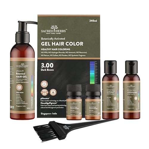 Image of SACRED HERBS Natural Gel Hair Color, Premium Pack | India's 1st pH Neutral Formula | Ammonia, PPD & Paraben Free | 20+ Herbal Actives, 100% Grey Coverage | Conditioning & Damage Free, For Women | DARK BROWN 3.00 | Pack of 2 ( 240ml + 20gm, EACH )