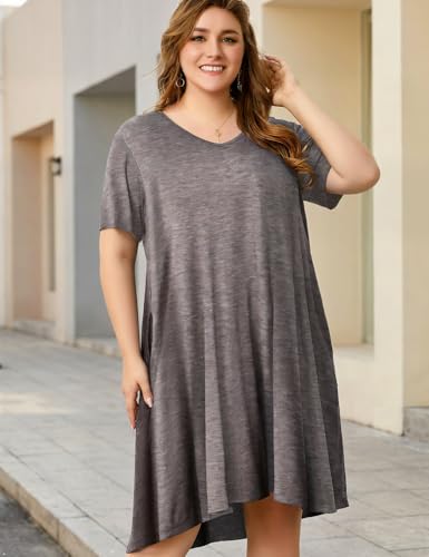 Image of OVERWORETY Womens Short Sleeve Plus Size T-Shirt Dress V Neck Casual Loose Swing A-Line Summer Tunic Dresses with Pockets