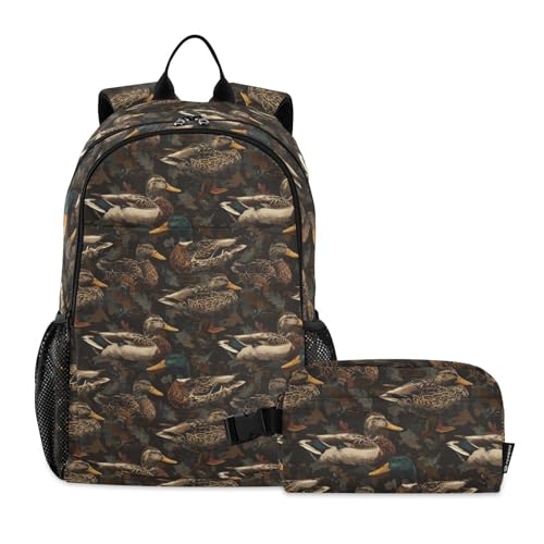 Kids Backpack Grey Mallard Duck Leaves Camo School Bookbag with Lunch Bag for Boys Girls Preschool Kindergarten Elementary Laptop Daypack
