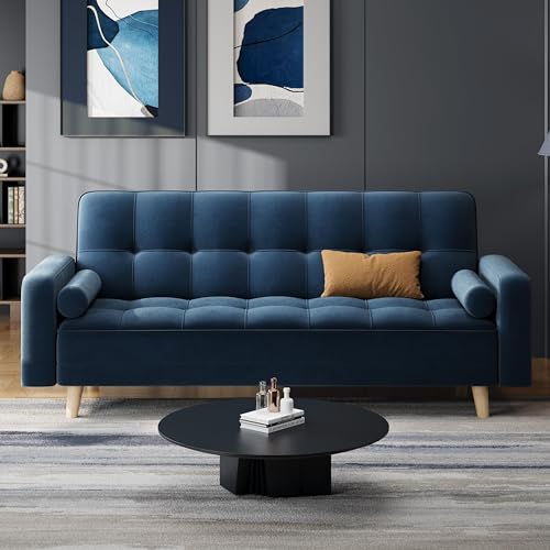 Yaheetech Modern Velvet Sofa Bed 3 Seater Click Clack Sofa Settee Recliner Couch with Wooden Legs for Living Room/Guest Room/Office Blue - Image 2