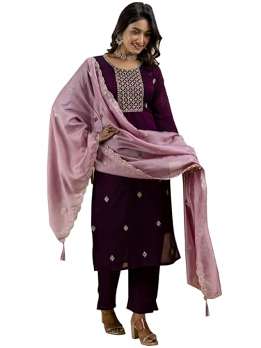 Image of VredeVogel Women's Silk Blend Embroidered Kurta with Pant & Dupatta Set | Modern & Traditional Blend Ethnic Wear | Festive & Casual Outfit