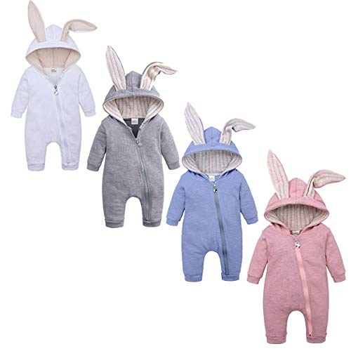 Newborn Baby Boy Girl Cute Romper Long Sleeve Hoodie 3D Rabbit Ear Zipper Jumpsuit Costume Fall Winter Clothes (White, 0-6 Months)