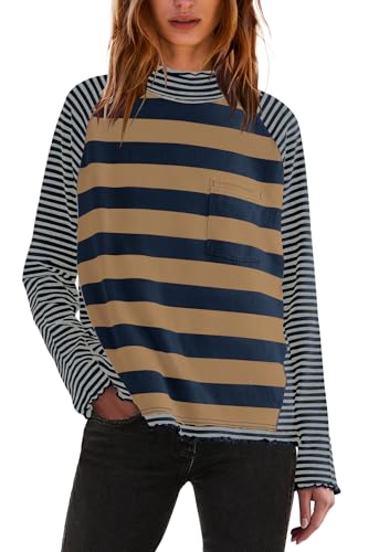 Panadila Womens Long Sleeve Striped Shirts Turtleneck Raglan Shirt Cute Color Block Tunic Tops Loose Pullover Top