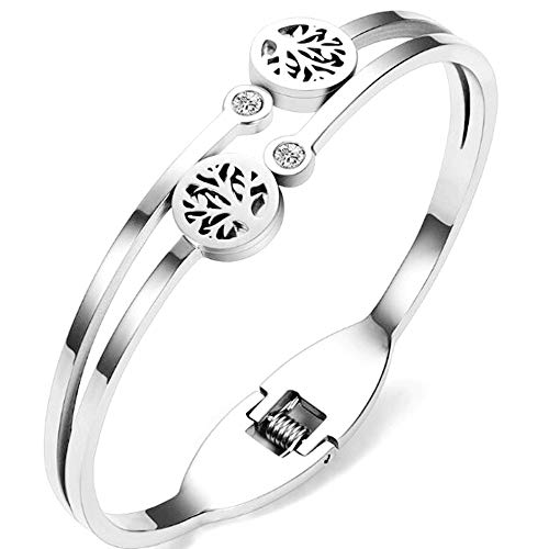 Stainless Steel Rose Gold Tree of Life Bangle Bracelet (Silver)