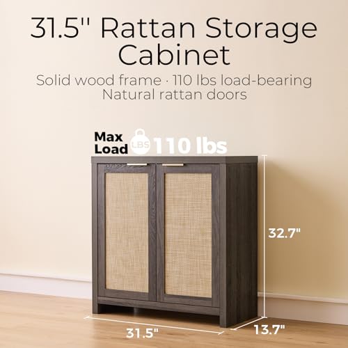 Image of OAKHAM HOME Rattan Sideboard Cabinet with Storage, Black Oak | Buffet Cabinet with 2 Soft-Close Doors, Adjustable Shelves and 110 lbs Top, For Living Room, Kitchen, Entryway