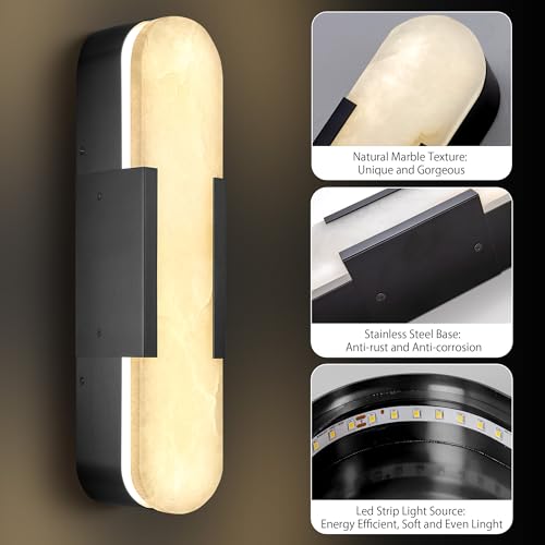 Image of Alabaster Wall Sconces Set of 2,19.7'' Brass Wall Sconce Natural Marble Wall Sconce for Bathroom, Indoor Modern Wall Light Fixtures for Living Room Hallway Stairs Vanity Bedside, Black