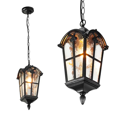 Black Outdoor Pendant Lights for Porch Hallway Patio, Aluminium Exterior Hanging Light Fixture, Outside Waterproof Vintage Hanging Lantern Light, Height Adjustable Outdoor Pendant Lamp