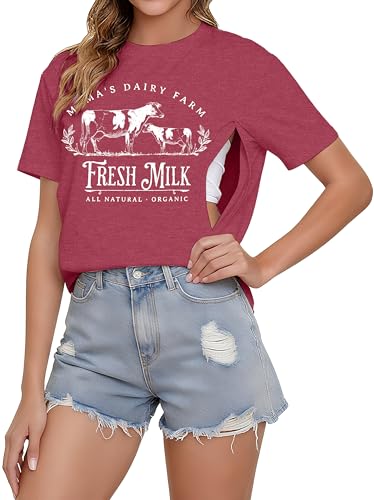 Image of UNIQUEONE Comfort Breastfeeding Shirts for Women Zip Nursing Tops Casual Distressed Acid Washed Maternity Tees