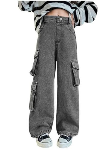 Kids Girls Casual High Waist Wide Leg Denim Pants Cargo Pants Straight-Leg Jean Pants with Large Pockets
