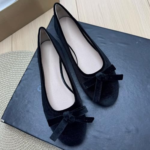 Image of TN TANGNEST Women's Velvet Flats Round Toe Ballet Shoes | Elegant Bowknot Flats Comfortable Casual Slip On Flats for Work