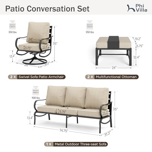 PHI VILLA 5 PCS Patio Furniture Set, Metal Outdoor Furniture Set with 1 x 3 Seater Deep Seating Bench, 2 x Swivel Sofa Chairs & 2 x Metal Cushioned Ottoman, Outdoor Patio Set for Garden - Image 3
