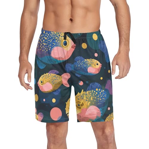 Men's Short Pajama Bottoms Cartoon Puffer Fishes Black Home Casual Sleep Pants4
